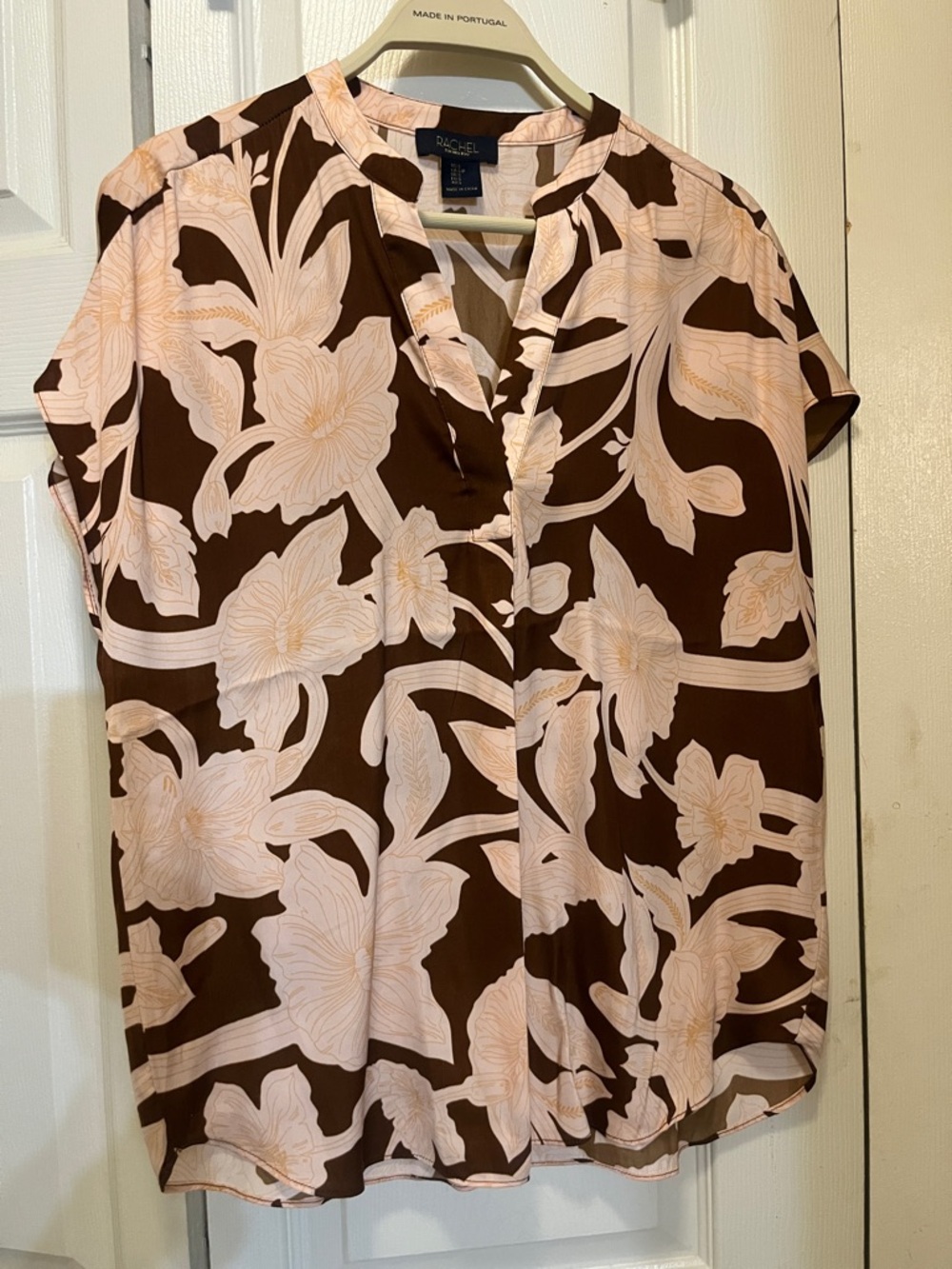 Rachel Zoe Brown & Blush Floral Short-Sleeve Button Front Blouse